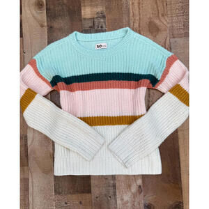 So Striped Aqua,Cream, And Brown Knit Sweater Size L